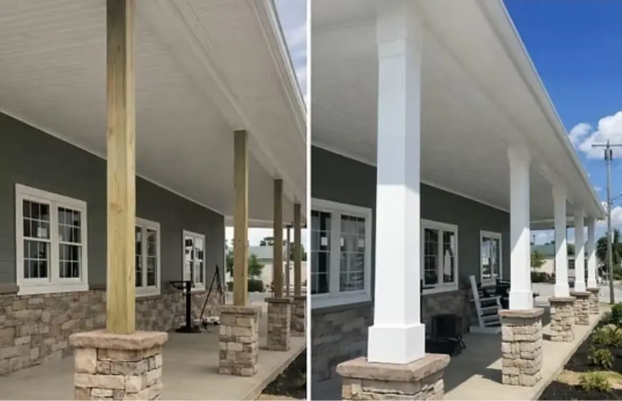 Porch columns wrapped in white low-maintenance trim in Myrtle Beach, SC